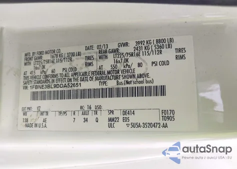 2013 Ford E-350 Super Duty Xl из США, поврежденный, VIN 1FBNE3BL9DDA52651